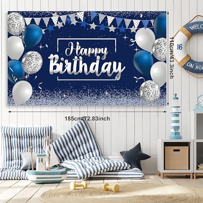 Moukeren Navy Blue Birthday Party Decorations Confetti Balloons Kit Happy Birthday Photography Backdrop Banner Tablecloths for Boys Girls Men Women Party Supplies Decor(Navy Blue and Silver)