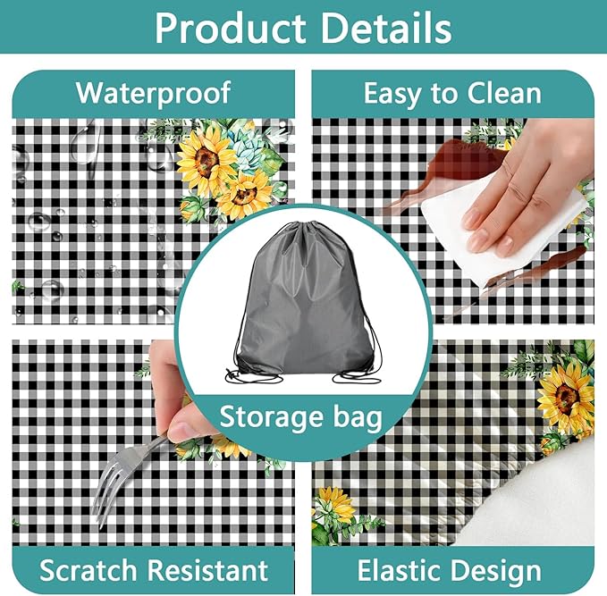 Picnic Table Cover with Bench Covers and Bag, Outdoor Waterproof Windproof Tablecloth with Elastic Edges. Camping Accessories RV Gear Campers 72x30 Inches 3 Pcs Set Black-White Checkered