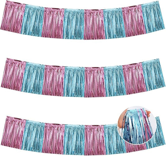 BEISHIDA 3 Packs Metallic Foil Fringe Garland Pink Light Blue Wall Hanging Tinsel Fringe Banners for Car Floats Bridal Shower Wedding Birthday Graduation Holiday Party Decoration(30 Feet)