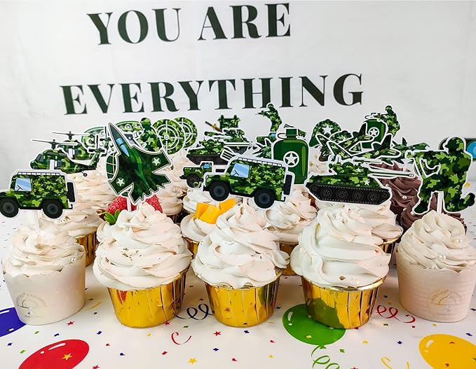 36pcs Camo Cupcake Toppers Camouflage Cake Decorations Military Cupcake Picks for Army Soldier Theme Birthday Party Baby Shower Supplies