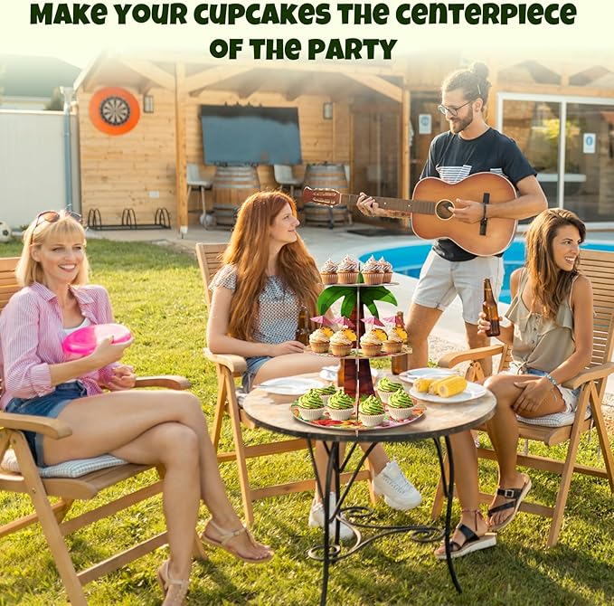 3-Tier Cupcake Stand - Palm Tree Party Decor for Luau, Hawaiian & Tropical Themed Events - Multi-Colored Cardboard Tiered Tray for Beach & Pool Party Decorations