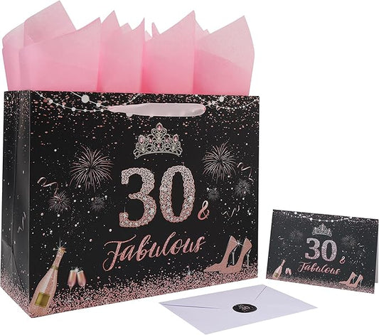 wishinside 13'' Large 30th Birthday Gift Bag Set with Handles, Greeting Card, Pink Tissue Papers and Stickers for 30 Year Old, Her, Women, Sister, Daughter, Best Friend, Tiara Design, 1 Pcs