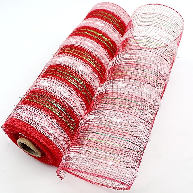 3 Rolls Snowball Red White Deco Mesh Ribbon for Wreath Making Supplies, 10 Inch x 30FT Metallic Foil Burlap Deco Mesh Fabric for DIY Crafts Christmas Tree New Year Wreath Swags and Decorating