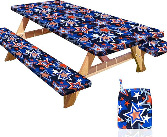 Picnic Table Cover with Bench Covers Portable Table Cloth Built-in Storage Pocket Fitted Tablecloth with Elastic Edges Waterproof Camping Essentials for Indoor Outdoor Rv,72in,Blue Red