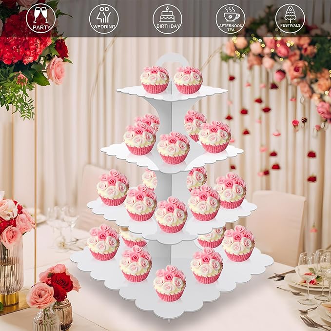 4-Tier Square White Cupcake Stand 2-Pack – Sturdy Cardboard Dessert Display for Weddings, Birthdays, Parties