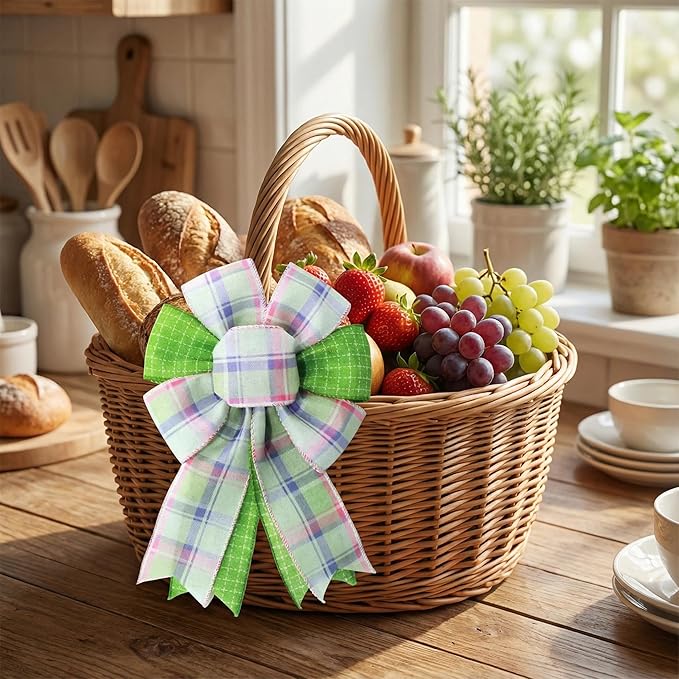 Spring Summer Floral Wired Ribbon, Green Grid Pink Plaid Floral Pattern Craft Ribbon for Wreath Bow Making, DIY Crafts, Gift Wrapping, Party Decorations, 3 Rolls, 2.5Inch, 15 Yards (Green)