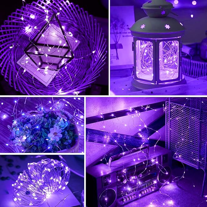 pozzolanas 8 Pack Purple Fairy Lights Battery Operated 3 Modes 7FT 20 LED Waterproof String Lights Twinkle Silver Wire for Mason Jars Wedding Christmas Halloween Party Decor (8, Purple)
