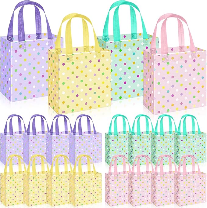 Sweetude 16 Pcs Pastel Spring Gift Bag with Handles Polka Dots Non Woven Reusable Goodie Bags for Mother's Day Women Wedding Birthday Baby Shower Party Favors
