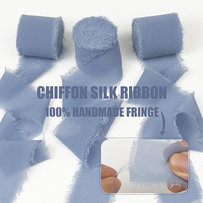 Periwinkle Blue Chiffon Ribbon 1-1/2 Inch x 21Yards Dusty Blue Chiffon Silk Ribbon Handmade Fringe Boho Frayed Ribbon for Gift Wrapping, Wedding Invitation, Bridal Flower Bouquets