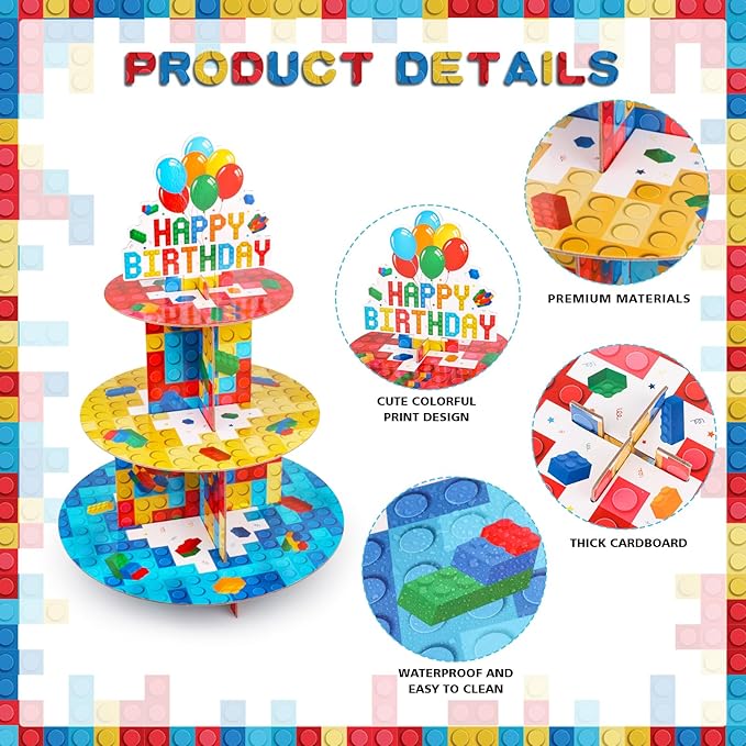 Building Block Cupcake Stand 3 Tier Birthday Party Supplies for Kids Adults Colorful Blocks Construction Cupcake Holder Brick Cake Stand Cardboard Dessert Tower Topper Cake Decorations