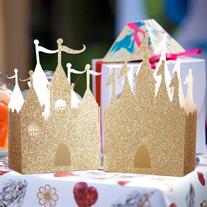 Geiserailie 20 Pieces Castle Box Princess Candy Box Glitter Castle Favor Treat Gift Princess Party Decorations Baby Shower Wedding Supplies(Gold)