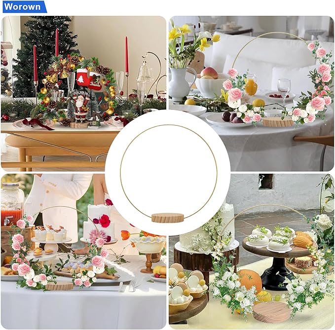 Worown 10 Pack 12 Inch Metal Floral Hoop Centerpieces, Gold Metal Floral Hoop, Including 10 Pcs Round Wooden Display Stand for Making Wedding Table Wreaths, Wall Hanging Crafts