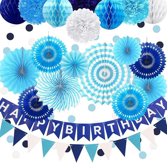 24Pcs Blue Birthday Party Decorations for Boys Men Navy Royal Light Blue Honeycomb Ball, Hanging Paper Fans, Pom Poms, Baby Shower Decorations Boy, Party Supplies 16th 18th 21th 30th 40th 50th