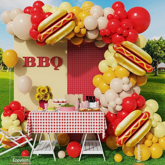 Hot Dog Party Decorations 135Pcs Red and Yellow Balloon Garland Arch Kit with Hot Dog Foil Balloons for Picnic Barbeque Gender Reveal Baby Q Baby Shower Party Decorations