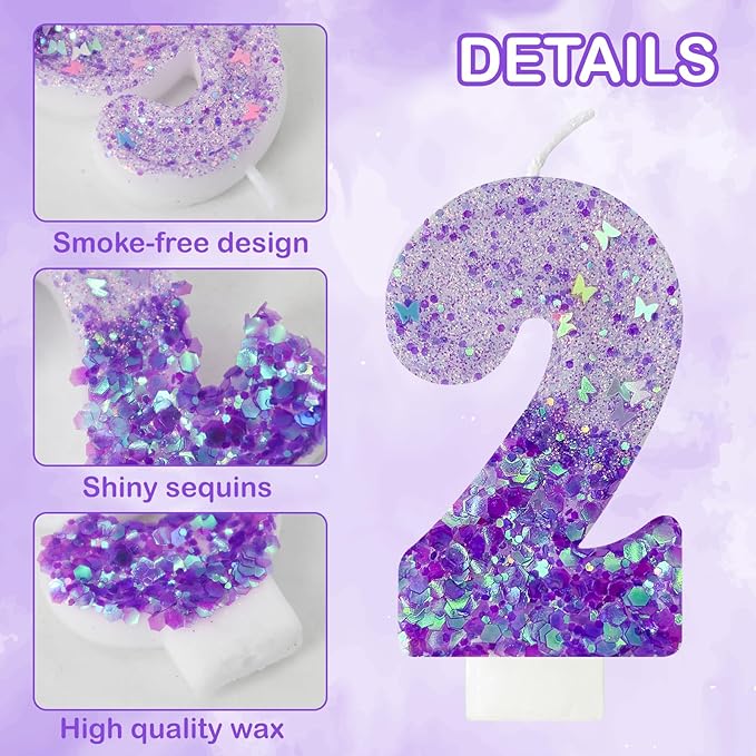 Purple Sequin Birthday Candles, Cake Number Candles, Girls Birthday Decorations, Suitable for Birthday Parties, Anniversary Party Decorations (2)