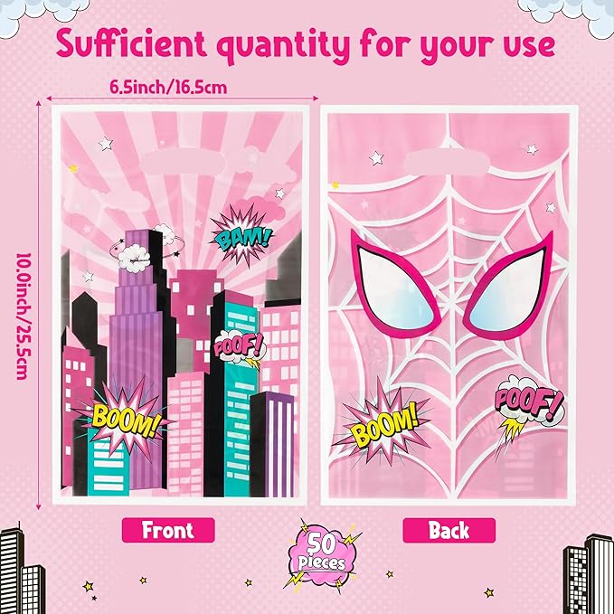 Pink Spider Party Favor Bags - 50PCS Pink Spider Party Gift Bags for Kids Plastic Goodies Bags with Handle for Theme Party Supplies Baby Show Birthday Parties Treat Candy Snack Bags