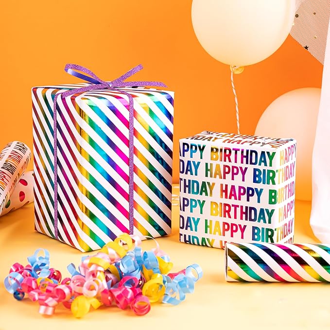 WRAPAHOLIC Birthday Wrapping Paper Roll - Mini Roll - 3 Rolls - 17 inch x 120 inch Per roll - Colorful Foil Birthday Design for Party, Holiday, Baby Shower