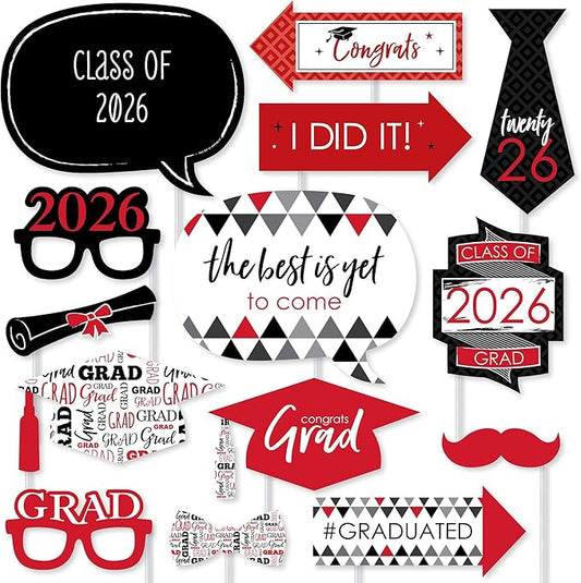Big Dot of Happiness Graduation Props for Photoshoot 2026, 20-Count Set of High School Senior Photo Booth Props for Pictures and Graduation Party Decorations - Red
