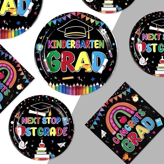 200Pcs Kindergarten Graduation Party Decorations Pre-k Graduation Plates and Napkins Tableware Sets for Kids Preschool Kindergarten Graduation Class of 2026 Elementary Celebration Supplies Serves 50