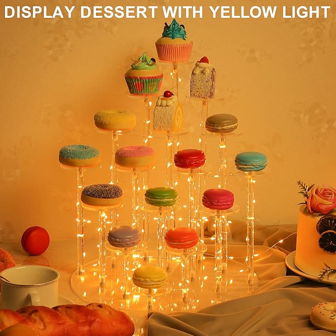Cupcake Stand for 16 Cupcakes,Ideal Acrylic Cupcake Tower Stand with Yellow Lights,Cupcake Display Stands for Parties, Perfect Cupcake Holder for Dessert Tables.