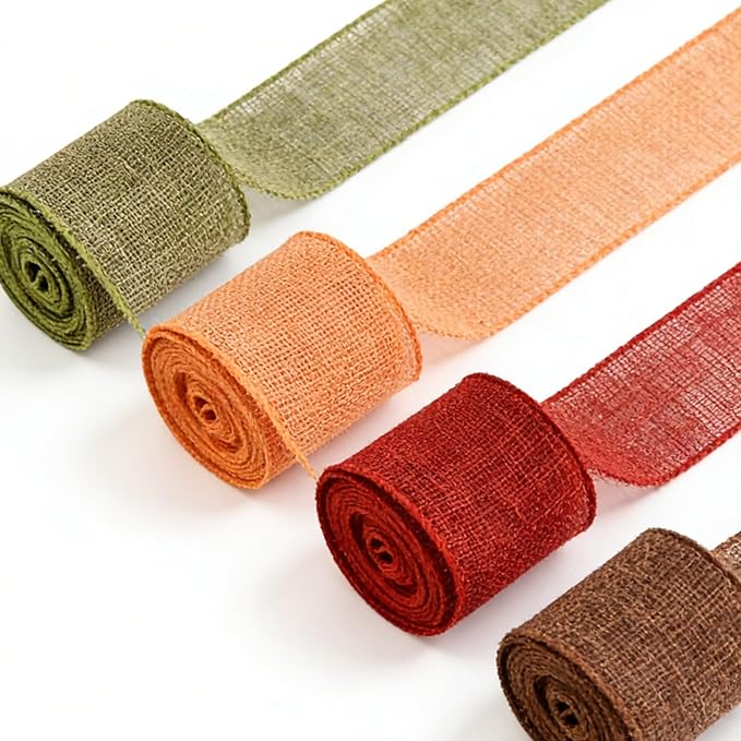 Meseey 2.5 Inch Fall Burlap Wired Ribbon, 20 Yards Total Sage Green/Orange/Brown/Burgundy Plaid Ribbon for Big Bows, Wreaths, Thanksgiving & Halloween Outdoor Decor (FPR009)