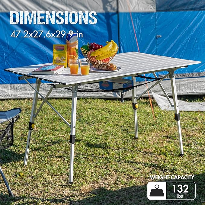 Portal Camping Table Portable Foldable with Adjustable Legs, Aluminum Folding Table Roll Up Table with Carrying Bag for Outdoor, Beach, Picnic, Backyards, BBQ and Party, Silver, Big
