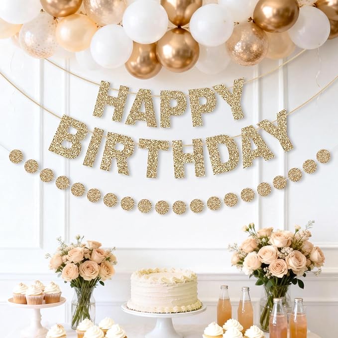 GCQQ Champagne Gold Happy Birthday Banner - Pre-Strung Glitter Gold 3M Pre-Strung Letter Banners + 2.5M Dot Garland Birthday Party Decorations for Women, Bridal Shower, Baby Shower & Anniversary