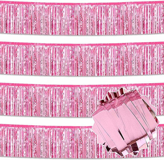 4 Pack 10 Ft Pink Foil Fringe Garland Metallic Streamers Tinsel Banner Wall Hanging Garland Backdrop for Parade Floats, Halloween, Christmas, Thanksgiving, New Year Party Decorations