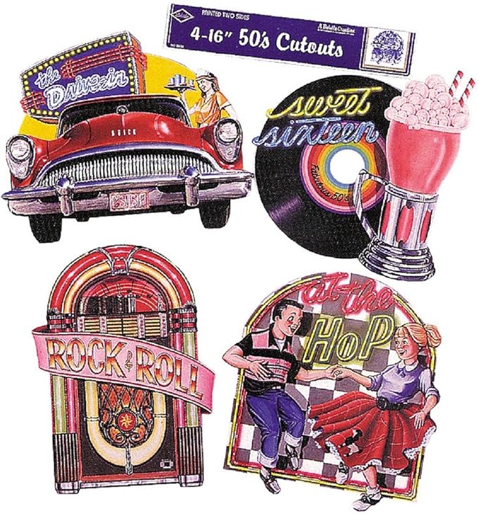 Beistle Fabulous 50’s Cutouts – 4 Pack, Double-Sided Retro Rock & Roll Decorations with Drive-In, Jukebox, Record, and Dance Scene Designs, Vintage Party Décor for 1950’s Themed Events, 14”–16½”