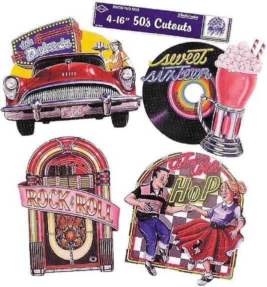 Beistle Fabulous 50’s Cutouts – 4 Pack, Double-Sided Retro Rock & Roll Decorations with Drive-In, Jukebox, Record, and Dance Scene Designs, Vintage Party Décor for 1950’s Themed Events, 14”–16½”