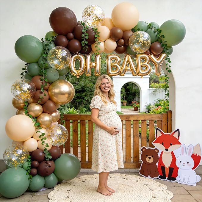 Sage Green Brown Balloons Arch Kit, Woodland Safari Balloon Garland with Sage Green Dark Brown Nude Metallic Gold Confetti Latex Balloons Garland for Birthday Party Jungle Dinosaur Forest Decorations