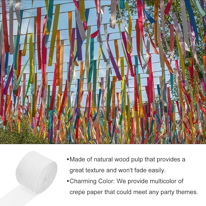 Crepe Paper Roll, White Crepe Paper Streamers Sheets, [for Party Streamer Decorations, Birthday Party] - 1.8 Inch x 82 ft / 2 Roll