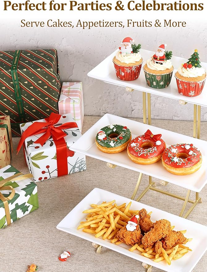 3 Tier Serving Tray Set – 12 Inch Porcelain Serving Platters with Pre-Assembled Gold Metal Stand, No Installation Required, Tiered Tray for Dessert Fruit Food Display and Party Entertaining