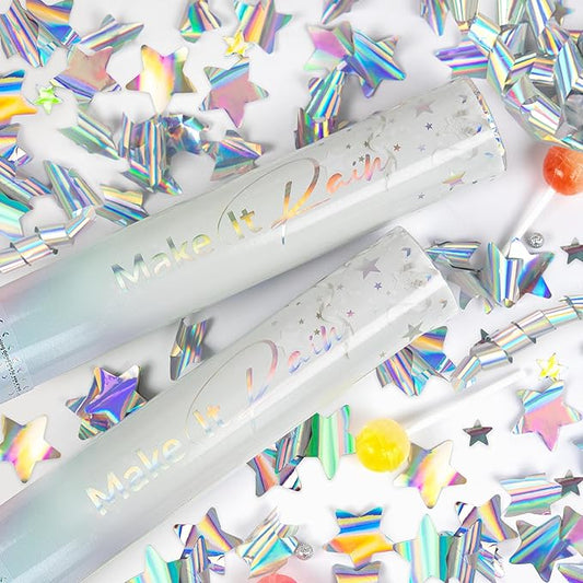 PrimePure Confetti Cannon Party Poppers - Holographic Silver Stars Confetti Popper - 2 Pack - Party Cannon Silver Glitter Star Pop Gun for Birthday, Wedding, Graduation, Celebration, Pranks
