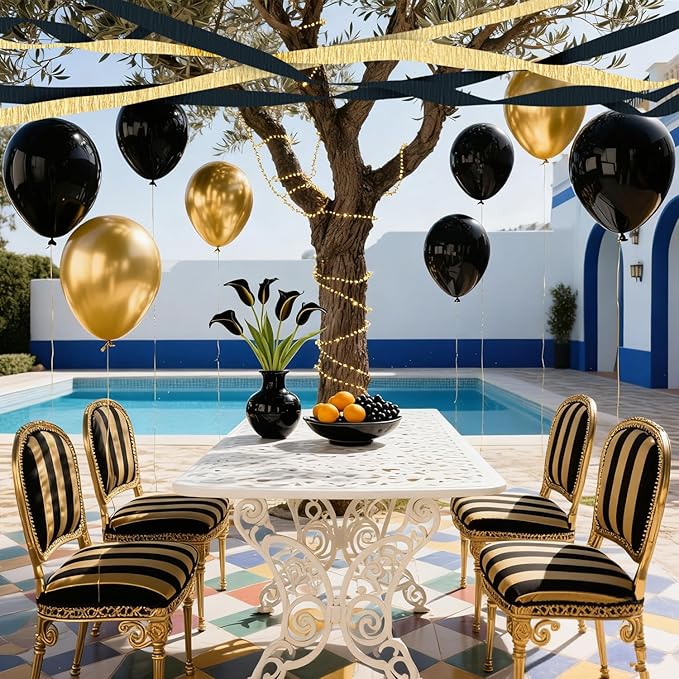 4 Crepe Paper Streamers Rolls, 328ft Pack of Black and Gold Crepe Paper for Birthday, Graduation, New Years, Wedding, Engagement Party Decorations (1.8 inch x 82 ft/Roll)
