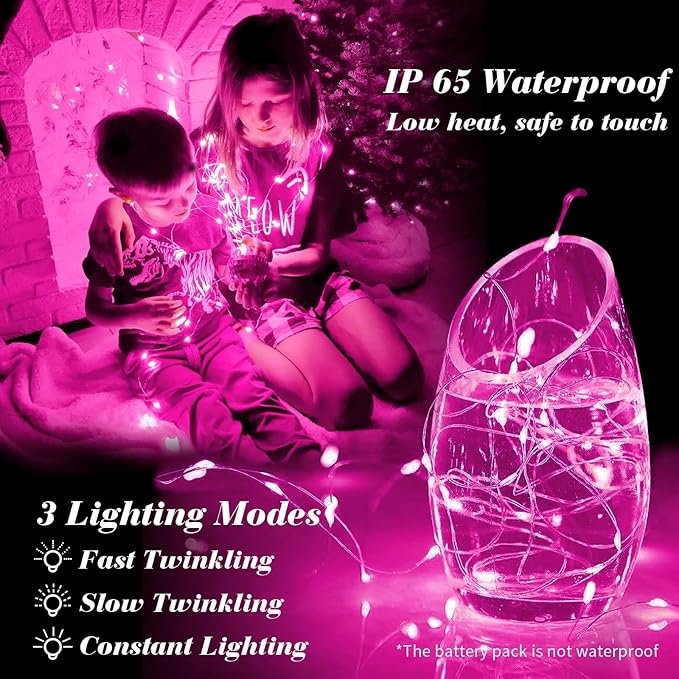 ZGWJ 24 Pack Fairy Lights Battery Operated, 7FT 20LED Mini Fairy String Lights Silver Wire 3 Modes for DIY, Parties, Wedding, Bedroom, Halloween Christmas Decoration- Pink