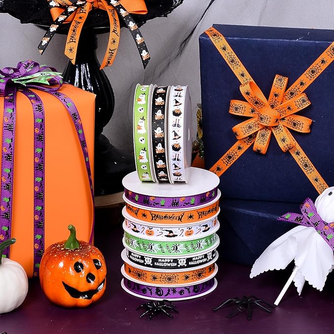 Ribest Halloween Ribbon Grosgrain 3/8 Inch Thin Ribbons for Crafts Gift Wrapping Decor 12 Rolls Total 60 Yards