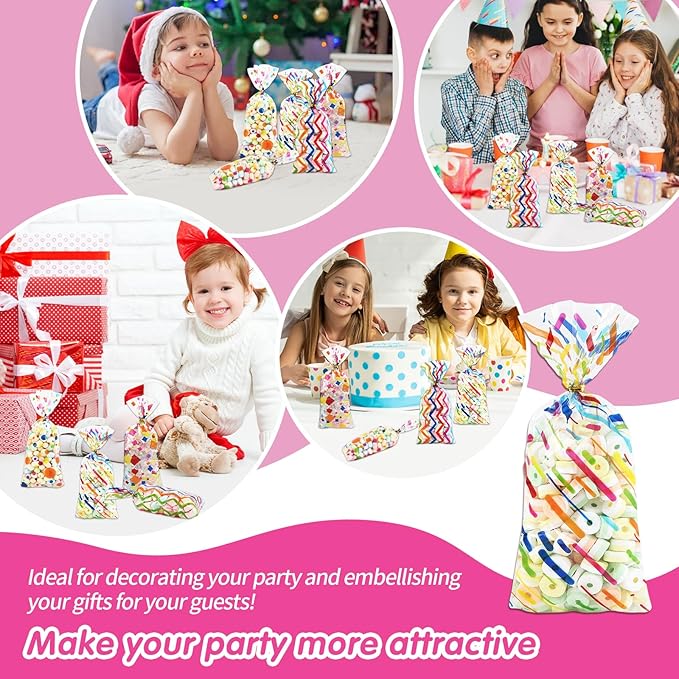 Docvania Cello Cellophane Treat Gift Bags Rainbow Cookie Bags 100 pcs 5 X 11 Goodie Bag with Ties for Mother's Day, Valentine's Day and Parties, Weddings