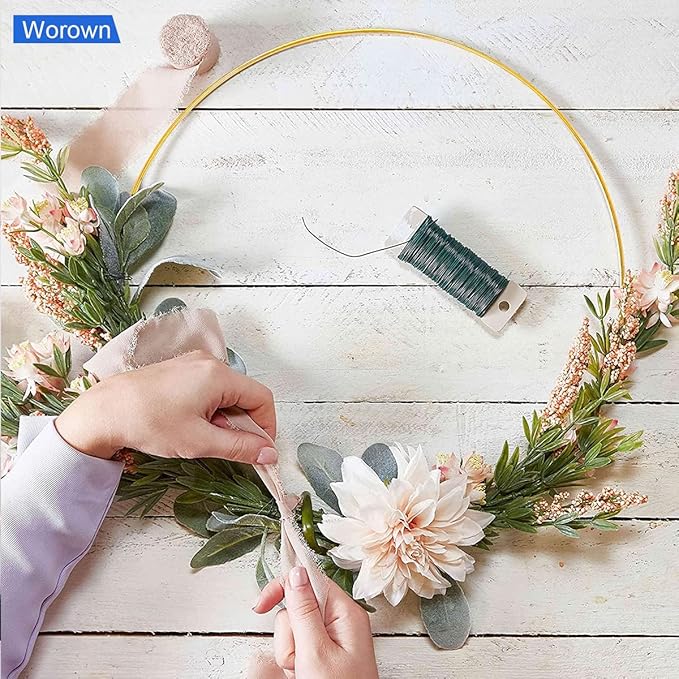 Worown 6 Set 8 inch Floral Hoop Centerpiece with Stand, Gold Metal Rings with Wooden Holder, Metal Hoop for Table Wreath Decor, Wedding, Party, Wall Hangings (8 Inch Hoops & 3.15 Inch Stands)