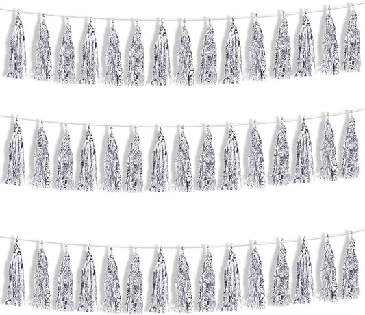 BEISHIDA 3 Packs Silver Metallic Foil Fringe Tassel Garland, Tassels Banner Streamers for New Year Silver Wedding Engagement Graduation Birthday Bridal/Baby Shower Christmas Holiday Party Decoration