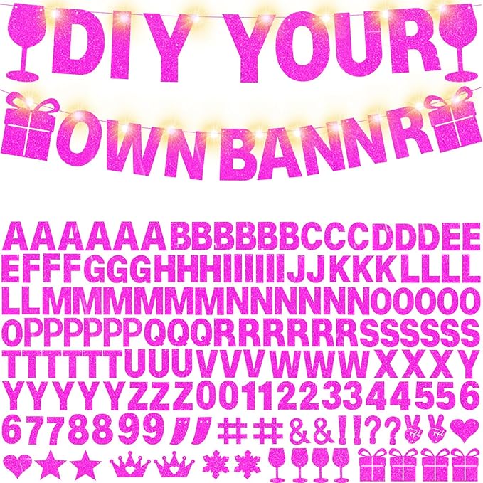 175Pcs DIY Glitter Customizable Banner Kit Custom Banner DIY Happy Birthday Letters Personalized Banners Decor for Christmas Baby Shower Birthday Party Decorations Supplies(Glitter Rose Pink)