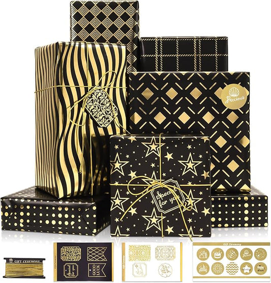 Larcenciel Christmas Gift Wrapping Paper Set, 6 Sheets Metallic Black Gold Foil Wrapping Paper w/Gift Tag & Sticker, Glitter Star Polka Dot Gift Wrap for Birthday Graduation Anniversary,27.5x19.6in