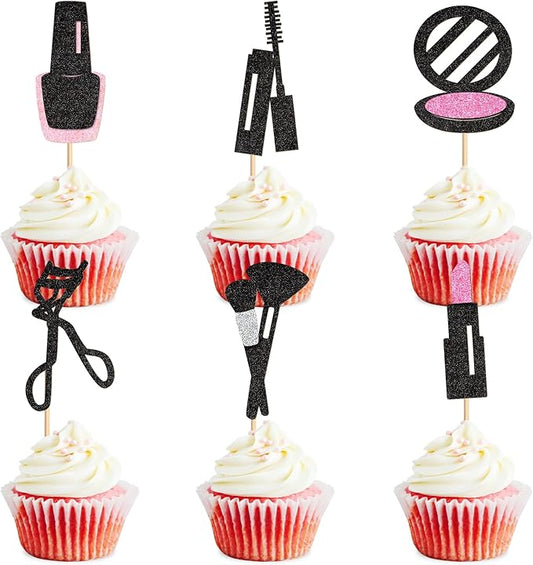 Ercadio 24Pcs Glitter Makeup Cupcake Toppers Mascara Lipstick Cupcake Picks Makeup Brushes Cosmetics Food Picks for Makeup Birthday Cupcake Decors Bridal Shower Bachelorette Party Supplies