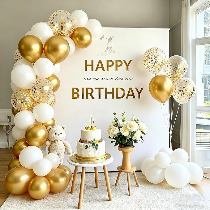 Gold and White Balloons Gold Confetti Balloon, 60 Pcs 12 Inch Latex Confetti Metallic Balloons with 1 Ribbon, for Birthday Wedding Bridal Shower Party Decorations