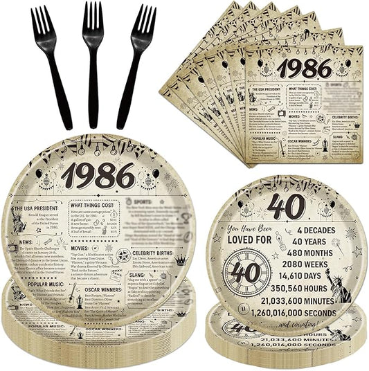 40th Birthday Plates and Napkins Party Decorations for Women Men, 1986 40th Vintage Birthday Disposable Paper Tableware Decoration, 40 Year Old Themed Forks Party Supplies Serve 24