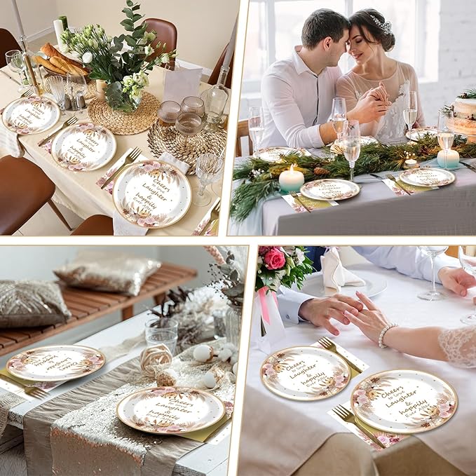 OBUSATT Boho Bridal Shower Party Supplies: 96Pcs Boho Floral Wedding Paper Plates, Napkins, Forks - Disposable Party Decorations for Engagement, Birthday, Wedding Parties