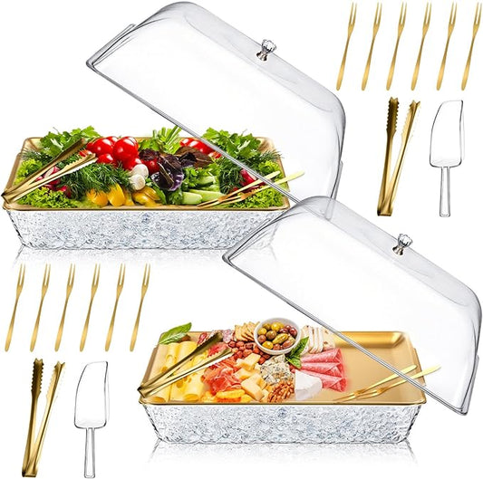 Baderke 2 Sets 16" x 9" Chilled Serving Tray for Parties with Compartments and Lid Charcuterie Serving Board Ice Rectangle Chilled Party Platter for Seafood Vegetable Fruit Shrimp Cocktail (Gold)