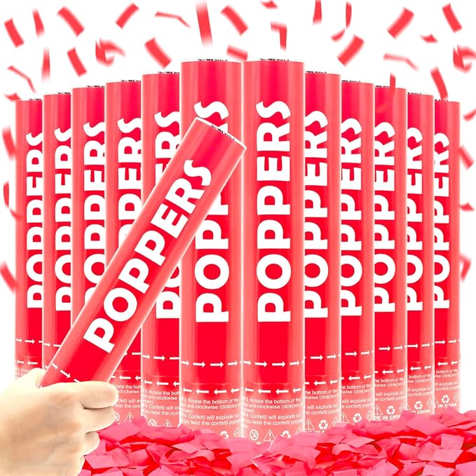 Confetti Cannon 12 Pack Red Biodegradable 12 Inch Party Popper Shooters Bulk for Baby Shower, Wedding, Birthday, Graduation, Party Celebrations