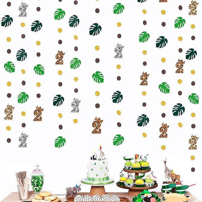 Two Wild Birthday Party Decorations Brown Gold Circle Dot Palm Leaf Jungle Theme Garland 2 Year Old Bday Palm Leaf Dots Streamer for Safari Animal Welcome 2 the Jungle Happy Birthday Party Supplies