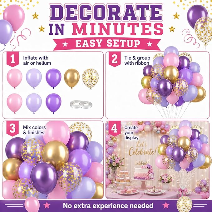 Pink and Purple Balloons, 60PCS Pastel Purple and Pink Balloons, 12 Inch Metallic Gold Confetti Latex Balloon for Women Girls Baby Shower Bridal Shower Birthday Butterfly Party Decor